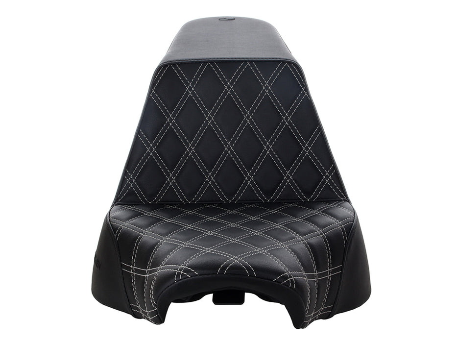 Step-Up Front LS Dual Seat with Silver Double Diamond Lattice Stitch. Fits Fat Boy 2018up & Breakout 2023up