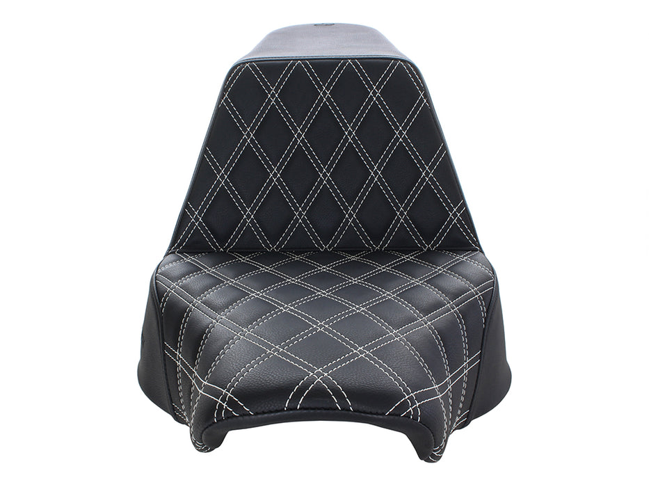 Step-Up Front LS Dual Seat with White Double Diamond Lattice Stitch. Fits Fat Boy 2018up & Breakout 2023up