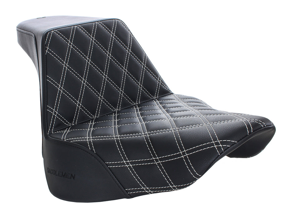Step-Up Front LS Dual Seat with White Double Diamond Lattice Stitch. Fits Fat Boy 2018up & Breakout 2023up