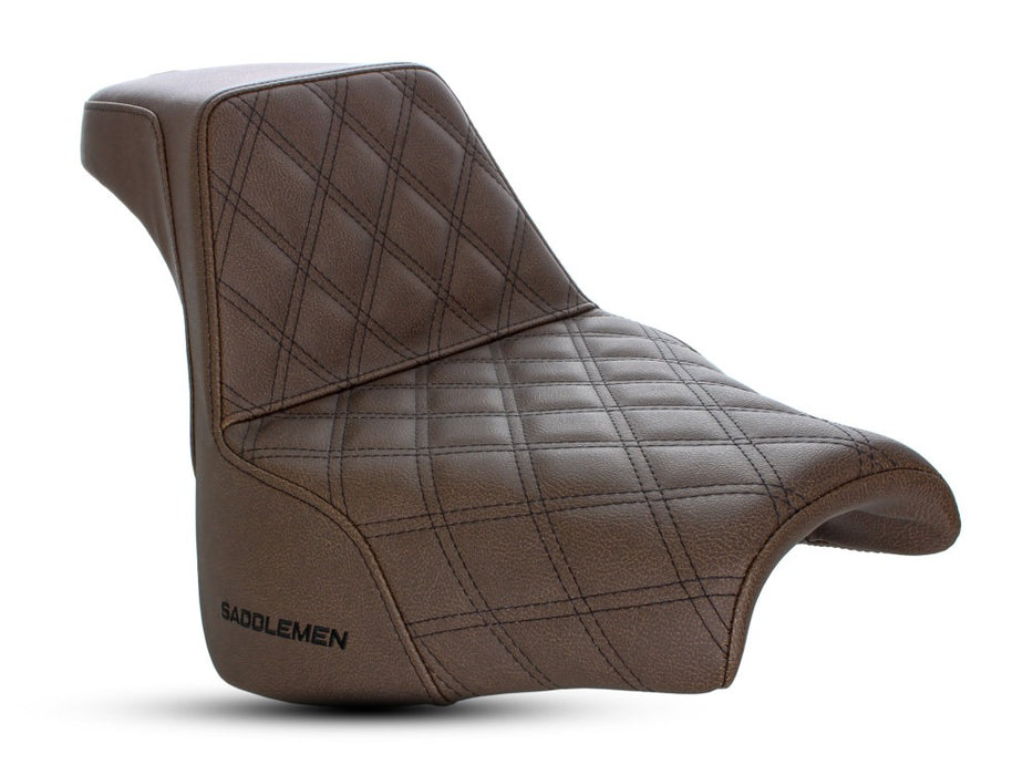 SADDLEMEN Brown Step-Up LS Dual Seat With Black Double Diamond Lattice Stitch. Fits Fat Bob 2018up