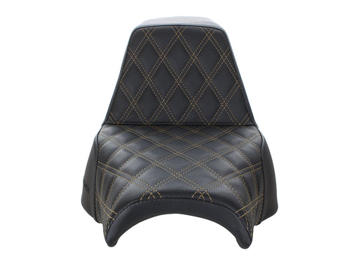 Step-Up LS Dual Seat with Gold Double Diamond Lattice Stitch. Fits Fat Bob 2018-2024