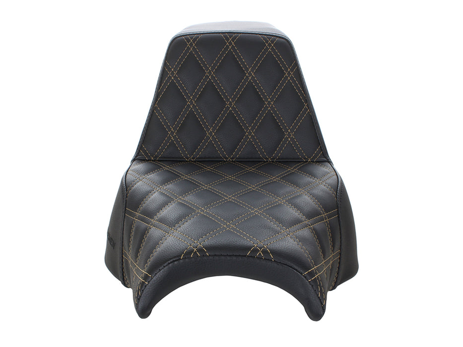 Step-Up LS Dual Seat with Gold Double Diamond Lattice Stitch. Fits Fat Bob 2018-2024