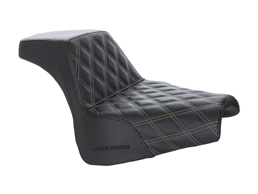Step-Up LS Dual Seat with Gold Double Diamond Lattice Stitch. Fits Fat Bob 2018-2024