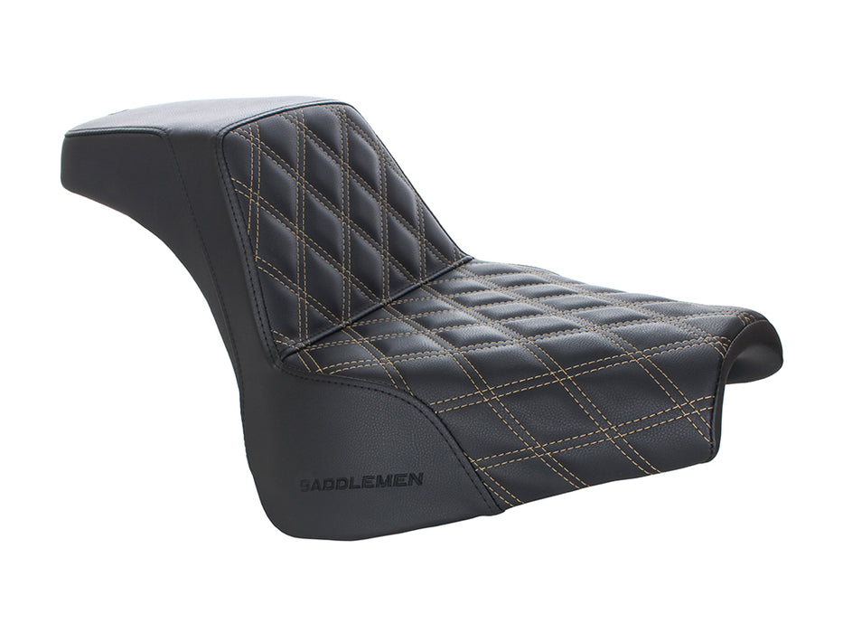 Step-Up LS Dual Seat with Gold Double Diamond Lattice Stitch. Fits Fat Bob 2018-2024