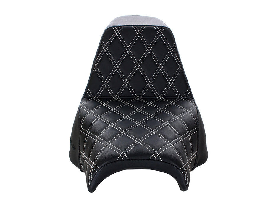 Step-Up LS Dual Seat with White Double Diamond Lattice Stitch. Fits Fat Bob 2018-2024