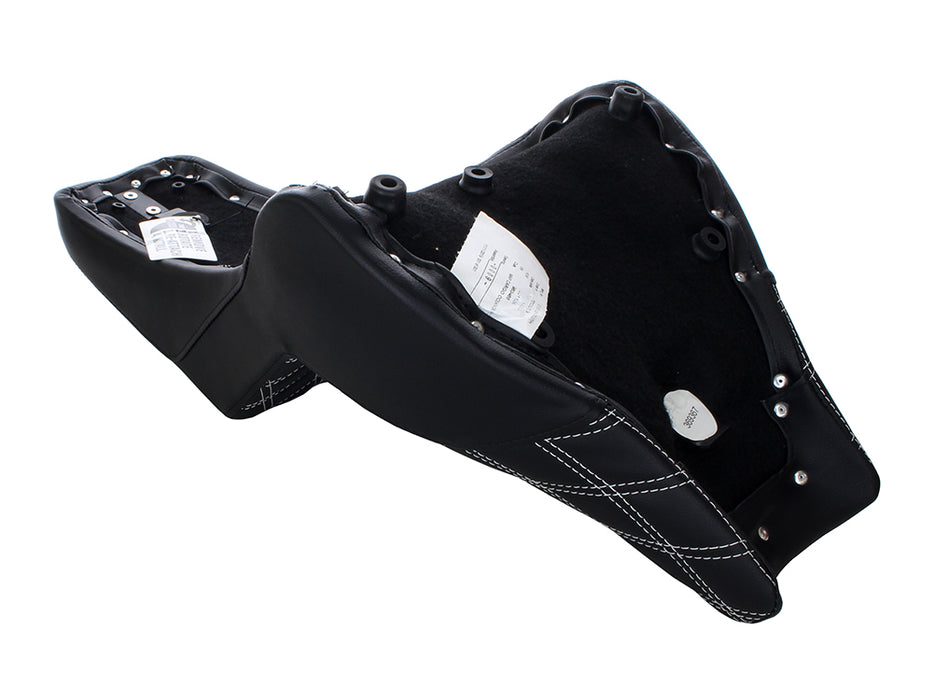 Step-Up LS Dual Seat with White Double Diamond Lattice Stitch. Fits Fat Bob 2018-2024