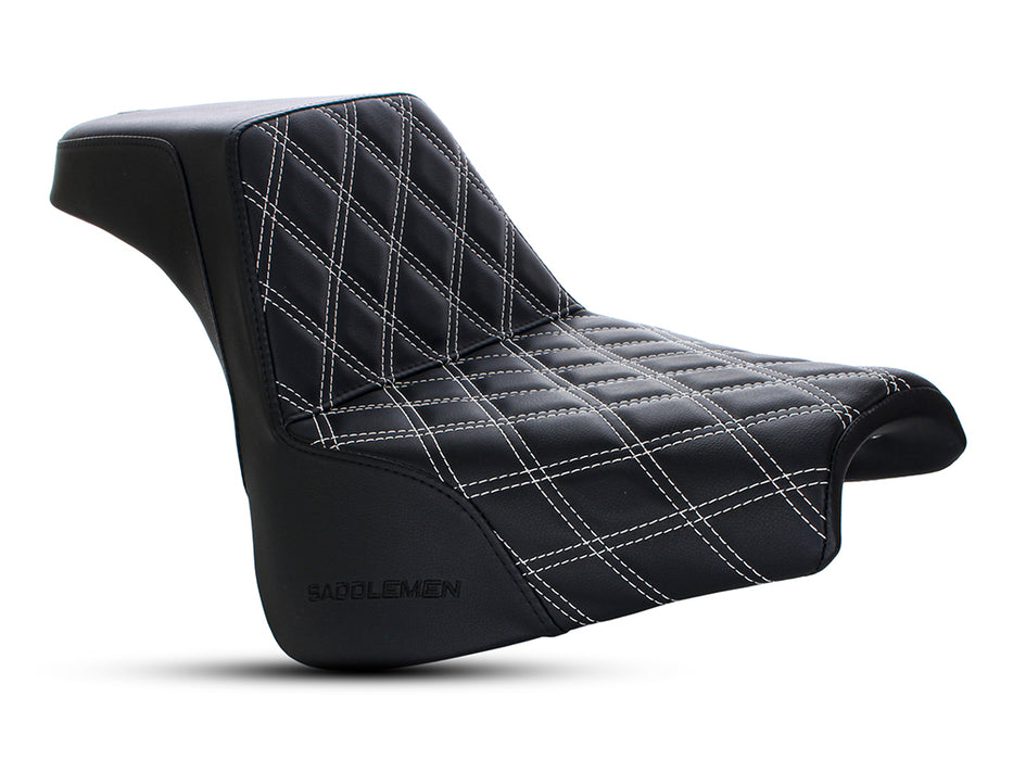 Step-Up LS Dual Seat with White Double Diamond Lattice Stitch. Fits Fat Bob 2018-2024