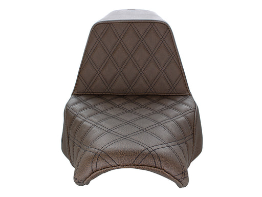 Brown Step-Up LS Dual Seat with Black Double Diamond Lattice Stitch. Fits Sport Glide & Low Rider 2018up, Low Rider S 2020up & Low Rider ST 2022up.