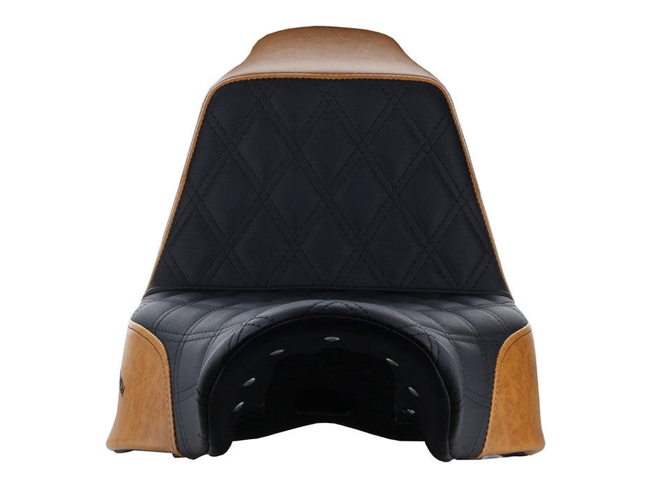 Custom Black & Brown Step-Up LS Dual Seat with Black Double Diamond Lattice Stitch. Fits Sport Glide & Low Rider 2018up, Low Rider S 2020up & Low Rider ST 2022up.