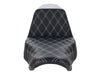 Step-Up LS Dual Seat with White Double Diamond Lattice Stitch. Fits Sport Glide & Low Rider 2018up, Low Rider S 2020up & Low Rider ST 2022up.