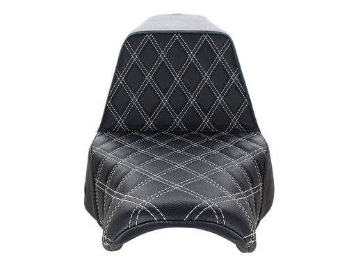 Step-Up LS Dual Seat with White Double Diamond Lattice Stitch. Fits Sport Glide & Low Rider 2018up, Low Rider S 2020up & Low Rider ST 2022up.