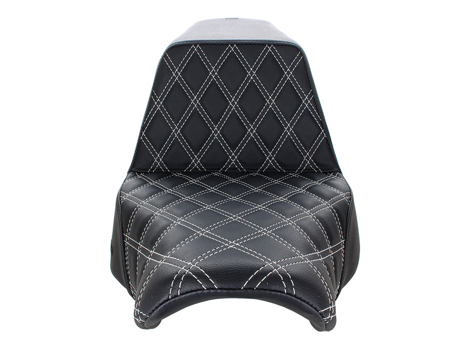 Step-Up LS Dual Seat with White Double Diamond Lattice Stitch. Fits Sport Glide & Low Rider 2018up, Low Rider S 2020up & Low Rider ST 2022up.