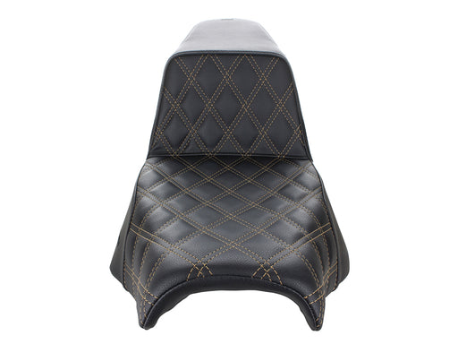 Step-Up LS Dual Seat with Gold Double Diamond Lattice Stitch. Fits Softail Street Bob 2018up & Standard 2020up.