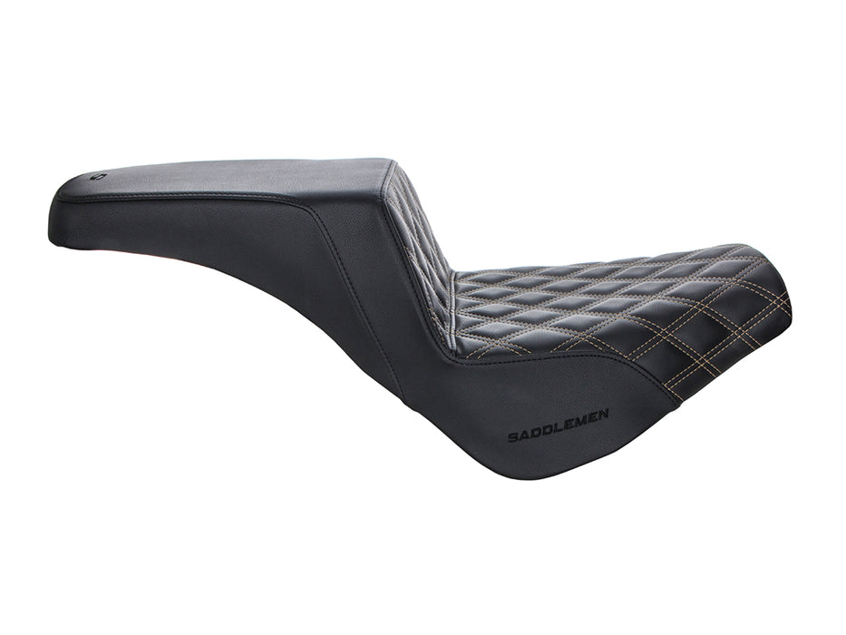Step-Up LS Dual Seat with Gold Double Diamond Lattice Stitch. Fits Softail Street Bob 2018up & Standard 2020up.