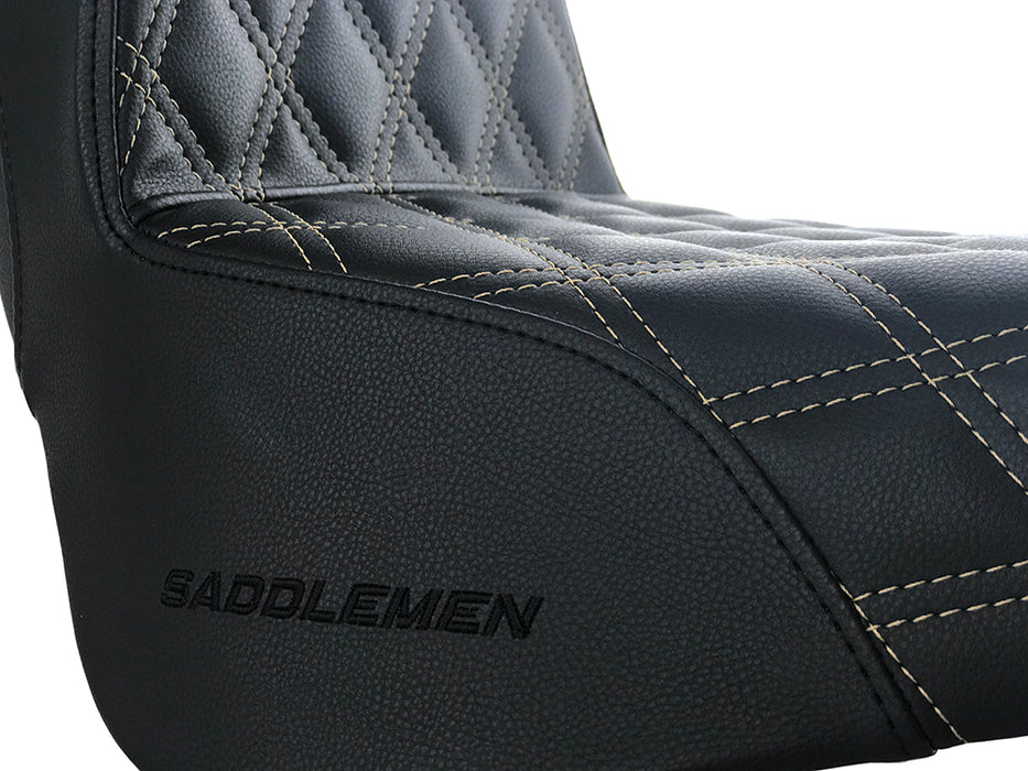 Step-Up LS Dual Seat with Gold Double Diamond Lattice Stitch. Fits Softail Street Bob 2018up & Standard 2020up.