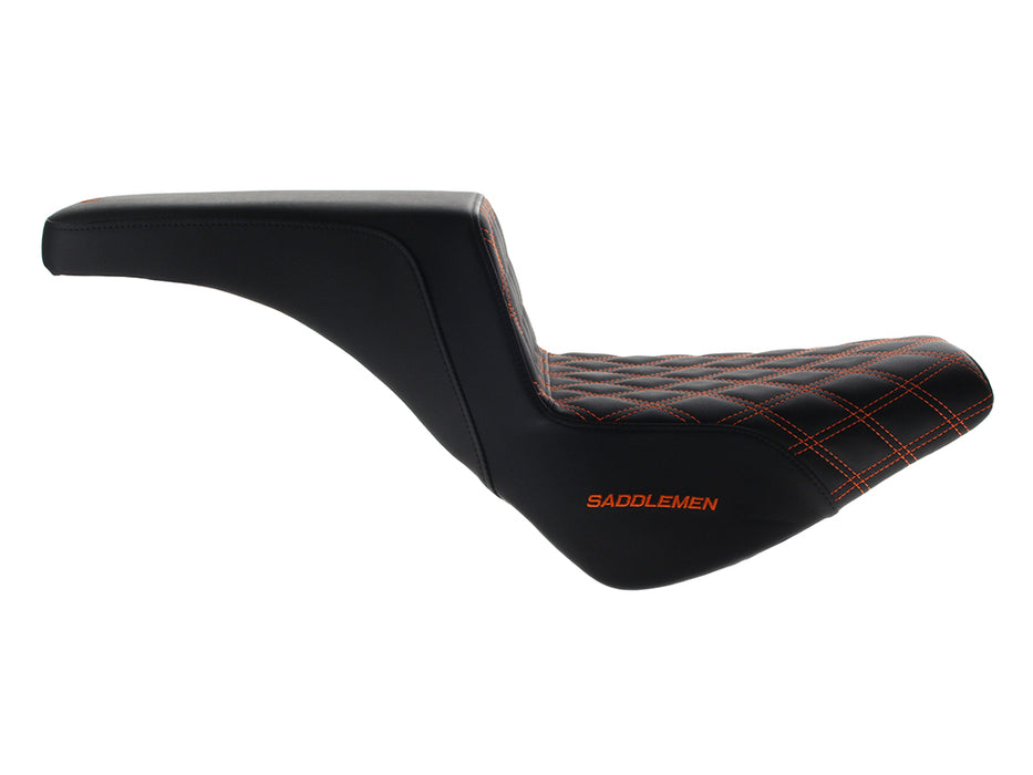 Step-Up LS Dual Seat with Orange Double Diamond Lattice Stitch. Fits Softail Street Bob 2018up & Standard 2020up.