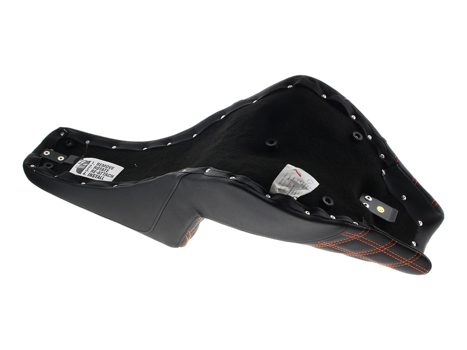 Step-Up LS Dual Seat with Orange Double Diamond Lattice Stitch. Fits Softail Street Bob 2018up & Standard 2020up.