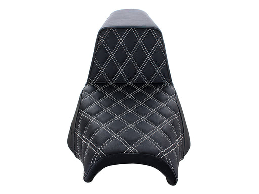 Step-Up LS Dual Seat with White Double Diamond Lattice Stitch. Fits Softail Street Bob 2018up & Standard 2020up.