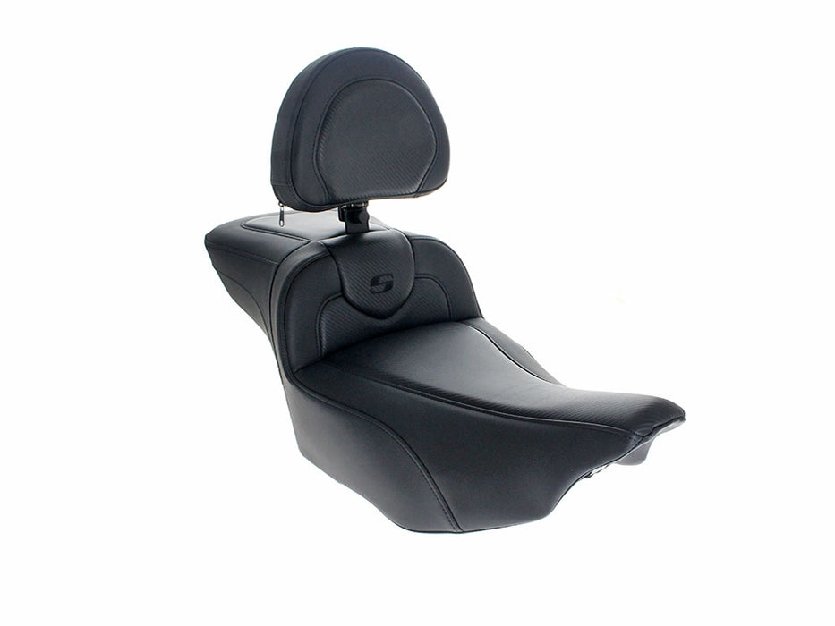 Extended Roadsofa CF Dual Seat With Backrest & Carbon Fiber Weave. Fits CVO Touring 2023up, Street Glide & Road Glide 2024up, Touring 2025up