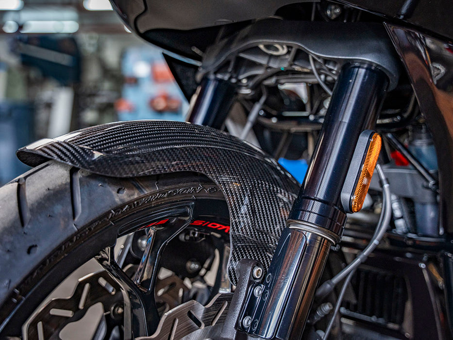Shorty Carbon Front Fender - Gloss Finish. Fits CVO Touring 2023up, Street Glide & Road Glide 2024up & Touring 2025up with 19in. Front Wheel