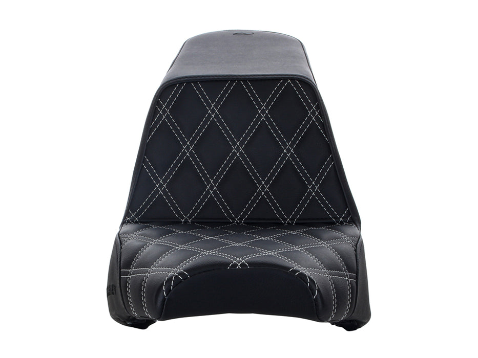 Step-Up LS Dual Seat with Silver Double Diamond Lattice Stitch. Fits Scout Bobber 2018-2024