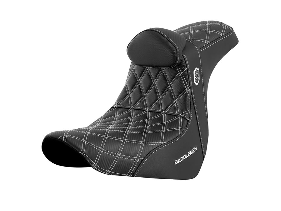 Pro Series San Diego Customs Performance Gripper Dual Seat with Backrest & White Stitch. Fits Dyna 2006-2017
