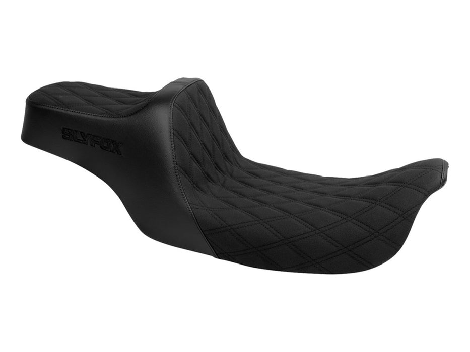 Highnoon Dual Seat with Black Double Diamond Stitch. Fits Dyna 1996-2003