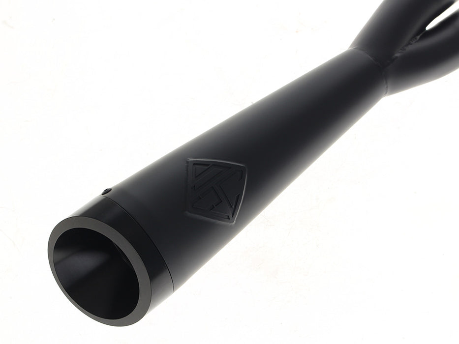 2-into-1 Cutback Exhaust - Black with Black End Cap. Fits Softail 2018up Non-240 Rear Tyre Models.