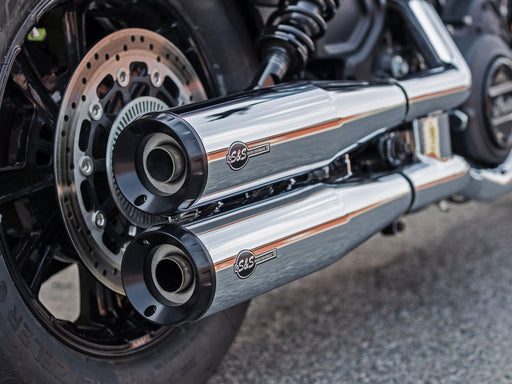 4in. Grand National Slip-On Mufflers - Chrome with Black End Caps. Fits Indian Scout 2015-2024
