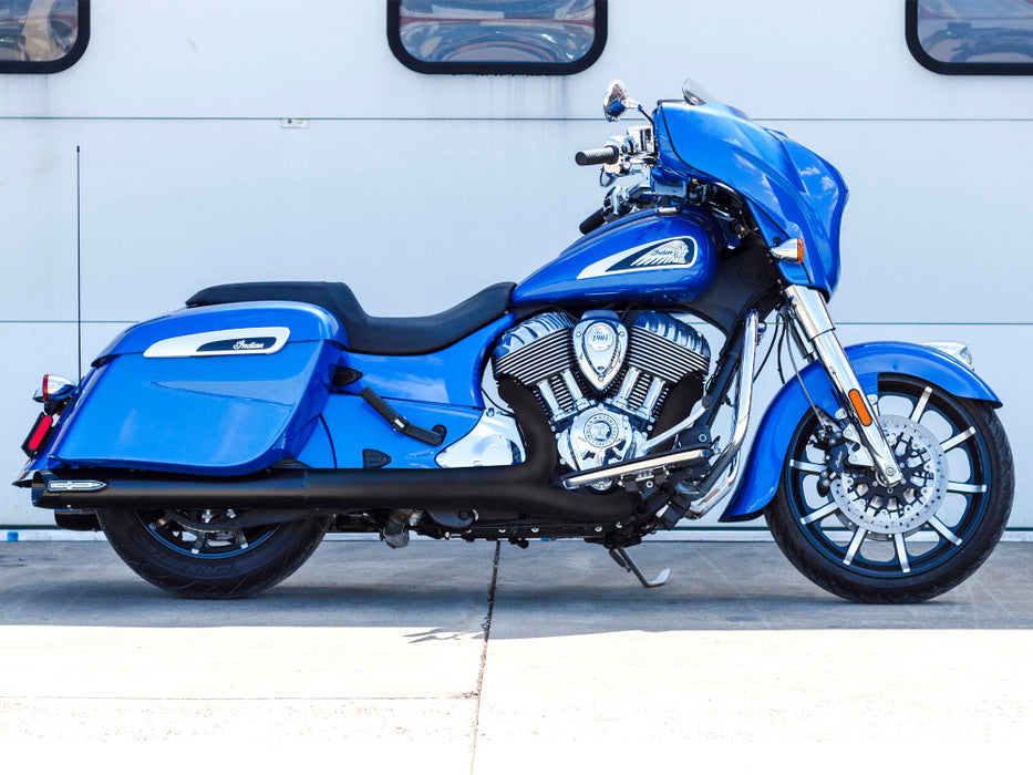 Broadhead 4in. Slip-On Mufflers - Black with Black End Caps. Fits Indian Big Twin 2014up with Hard Saddle Bags.