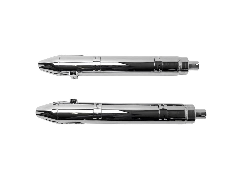Fishtail 4in. Slip-On Mufflers - Chrome with Chrome End Caps. Fits Indian Big Twin 2014up with Hard Saddle Bags.
