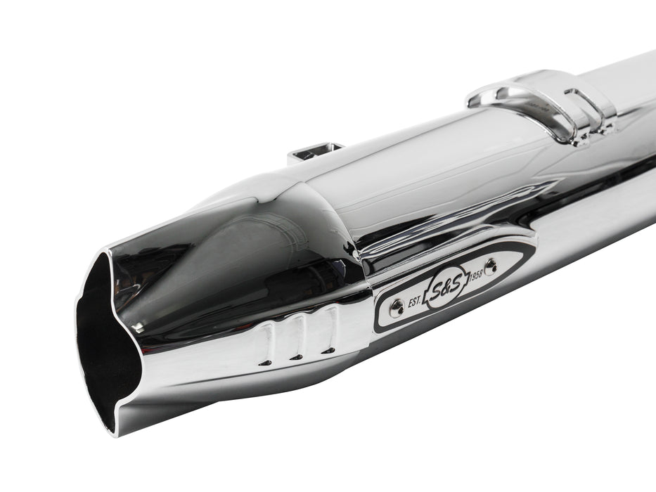Fishtail 4in. Slip-On Mufflers - Chrome with Chrome End Caps. Fits Indian Big Twin 2014up with Hard Saddle Bags.