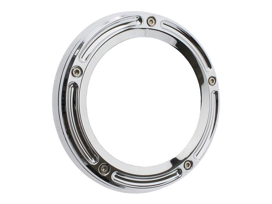 Assault Clear Derby Cover - Chrome. Fits Softail 1999-2018, Dyna 1999-2017 & Touring 1999-2015.