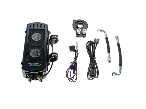 Fan Assisted Side Mount Oil Cooler Kit - Gloss Black. Fits Softail 2018up with no Crash Bar/Engine Guard