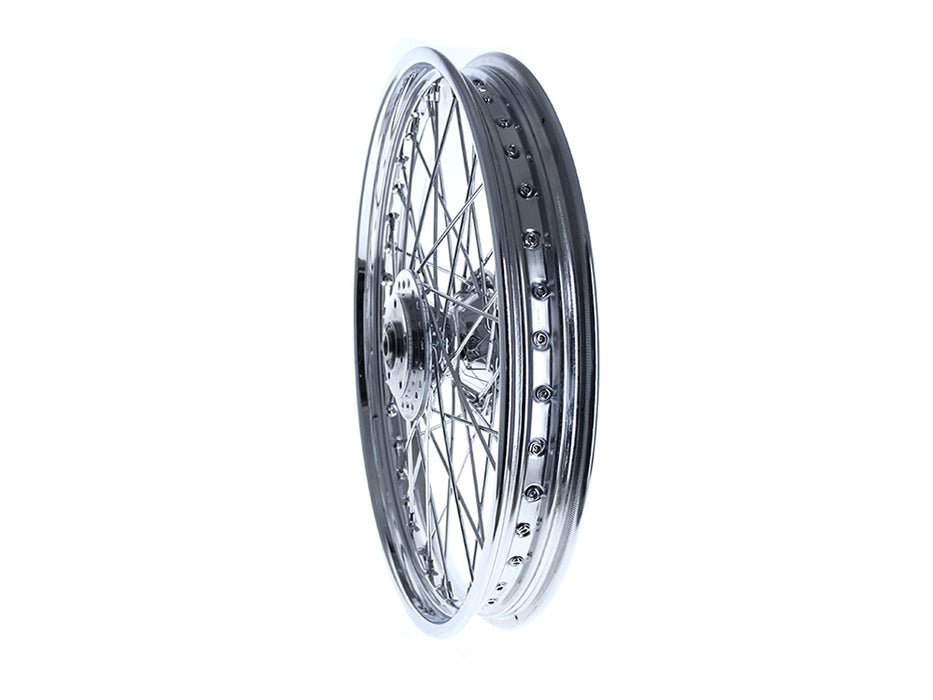 21in. x 2.15in. Front 40 Spoke Cross Laced Wheel - Chrome. Fits Narrow Glide Dyna 1991-1999, FXR 1984-1994 & Sportster 1984-1999.