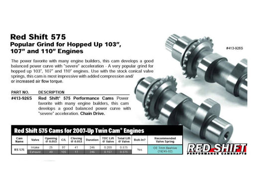 Red Shift 575 Chain Drive Camshaft Set. Fits Twin Cam 2007-2017.