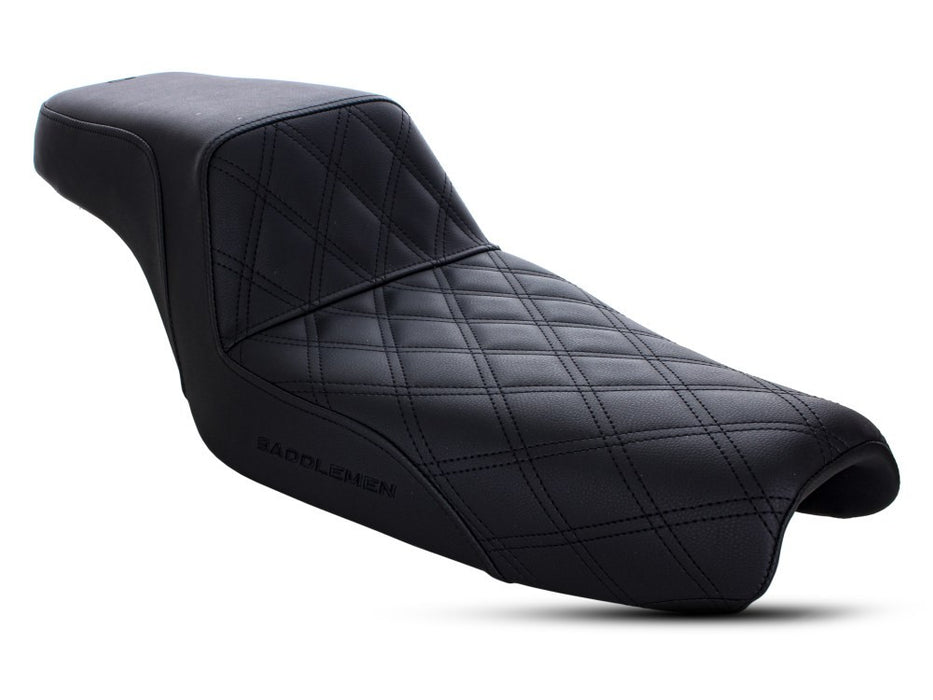 Sportster -Saddlemen Step-Up LS Dual Seat with Black Double Diamond Lattice Stitch. Fits Sportster 2004up with 3.3 Gallon Fuel Tank.
