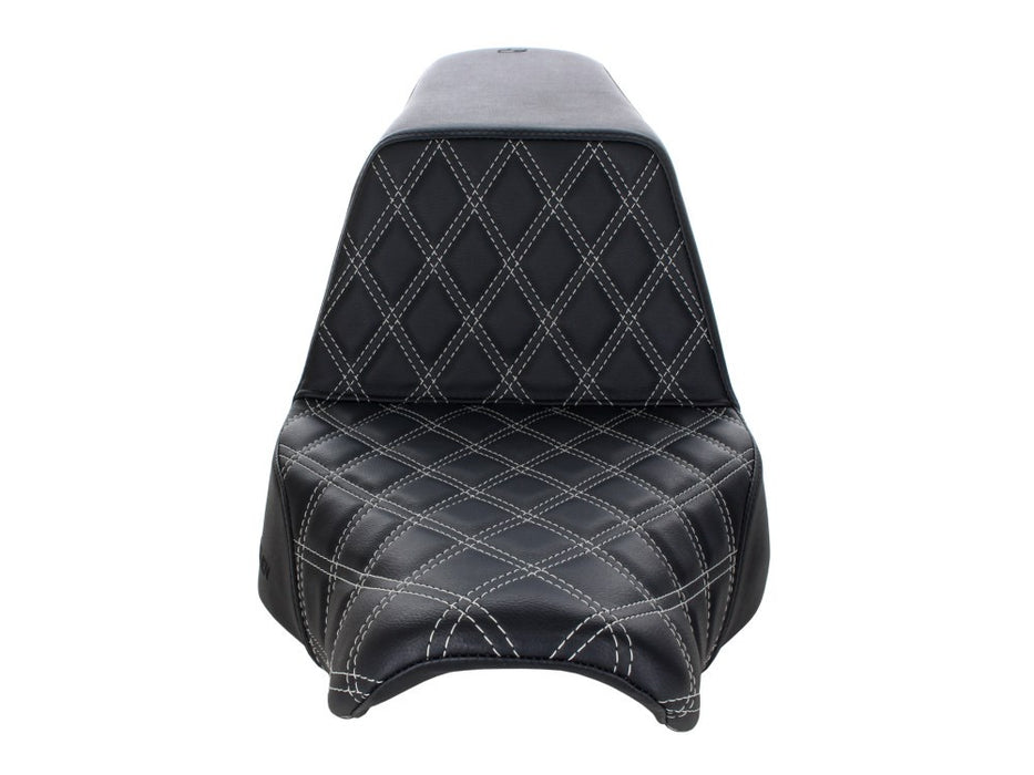 SADDLEMEN Step-Up LS Dual Seat With Silver Double Diamond Lattice Stitch. Fits Sport Glide & Low Rider 2018up, Low Rider S 2020up & Low Rider ST 2022up